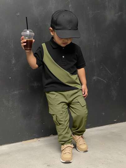 2pcs/Set Casual Toddler Boy Street Style Color Block Short Sleeve Polo Shirt & Elastic Waist Solid Green Cargo Long Pants Outfit, Suitable For Outdoor, Casual, Travel, Fit For 6 Months To 2-3 Years Old Baby Boy Streetwear Boy Cargo Pants Boys Black Polo Shirt