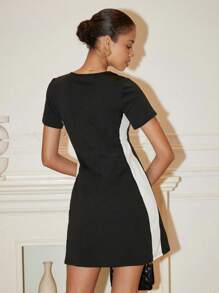 Islaluna Women's Elegant Black & White Short Sleeve Square Neck Dress, Spring/Summer - Black and White - View 2