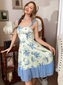 CottageSlumber Camisón con estampado floral menudo, malla y recorte de volantes para mujeres - Azul - Ver 4