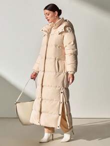 CLARA VERO Women's Light Beige Casual Side Buttoned Hooded Winter Coat - Beige - View 6