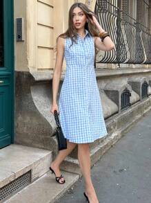 Pariaura 女士格子印花无袖休闲夏季连衣裙，适合大学穿着的夏季连衣裙 - 藍色 - 查看 4