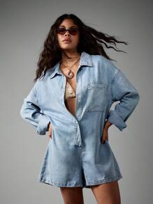 AiiRZ Bộ đồ liền thân denim quá khổ tay ngắn cài nút phong cách phương Tây lễ hội thời trang mùa hè bãi biển thường ngày đồ mặc nhà nhẹ tiện dụng thời trang đường phố - Màu xanh lam - Xem 1