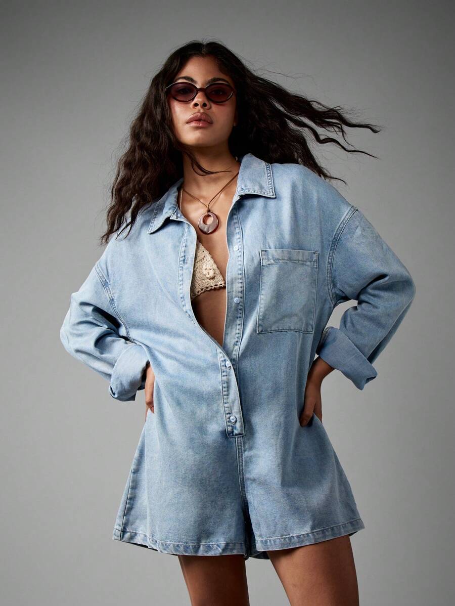 AiiRZ Bộ đồ liền thân denim quá khổ tay ngắn cài nút phong cách phương Tây lễ hội thời trang mùa hè bãi biển thường ngày đồ mặc nhà nhẹ tiện dụng thời trang đường phố - Màu xanh lam - Xem 1