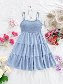 Soleia WYWH Vacation Spring Break Blue Solid Ruffle Hem Cami Dress,,Pastel Dresses For Women