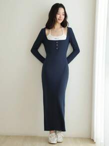 K-Vae Women's Elegant Navy Blue And White Knitted Maxi Dress,Long Sleeve Square Neck Button Slim-Fit Bodycon Dress,Autumn Everyday Chic For Brunch - Navy Blue - View 6