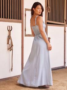 WESTFADE 褶饰细肩带，可爱蝴蝶结前襟，褶饰后背，紧身胸衣风格，修身喇叭裤，西部纳什维尔女牛仔牛仔中长连衣裙 - 淺色水洗藍 - 查看 5