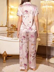 LuxeNights Conjunto de lencería elegante de mujer con estampado floral de seda sintética, con chaqueta con solapa y manga corta - Multicolor - Ver 2