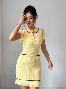 Rafferiza Robe pull en tricot avec boutons devant, détails à franges pour femmes. Vêtements pull en tricot pour l'université - Jaune citron - Voir 5