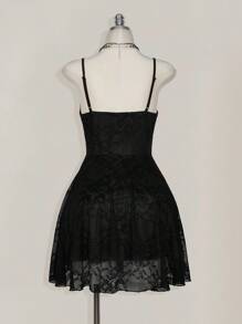 SHEIN ICON 加大码方领褶饰蕾丝拼色吊带裙，Y2K 风格派对礼服 - 黑色 - 查看 2