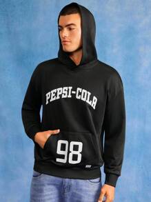 PEPSI X SHEIN 男式字母图案休闲长袖套头连帽衫 - 黑色 - 查看 4