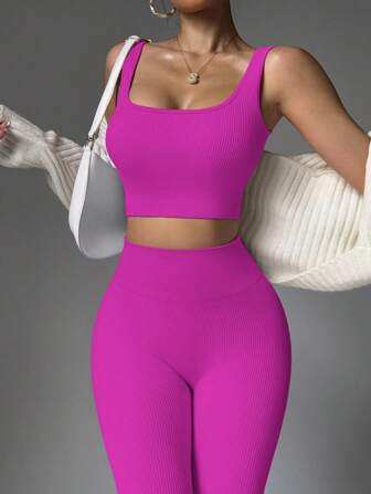 Conjunto deportivo de mujer de punto acanalado sin costuras, conjunto de leggings