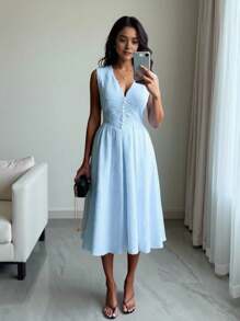 SHEIN ChicEase Váy chữ A khoét nút lưng cao không tay - Màu xanh lam - Xem 4