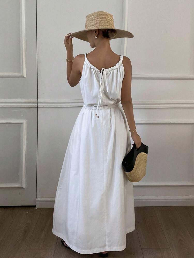 Women's Solid Color Fitted Twist Rope Sleeveless Belted Beaded Tie Waist Casual Elegant Dress, Autumn Summer Women Dresses Maxi Dress