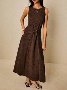 Poéselle 无袖环扣针织长款连衣裙 | 巧克力棕色A字晚礼服，秋季女装，女士纯色圆领休闲宽松长款无袖连衣裙，棕色长款连衣裙，商务休闲女装，环扣连衣裙，无袖针织连衣裙，秋季婚礼宾客礼服，简约晚装 - 棕色 - 查看 3