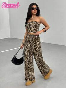 Teen GirlCasual All-Match Everyday Home Leopard Print Crop Top + Loose Pants Woven Tank Top Set