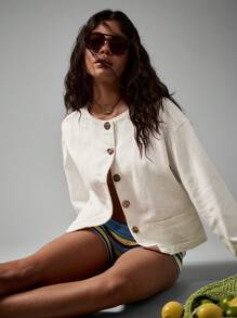 AiiRZ 女式 Trophy 牛仔夹克白色棉质纽扣前短款夹克春夏轻便复古时尚现代休闲装街头风必备