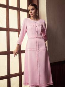 ZEYLAH Women's Fashion Pink Round Neck 3/4 Sleeve Fringe Button Design Elegant Dress - Pink - View 4