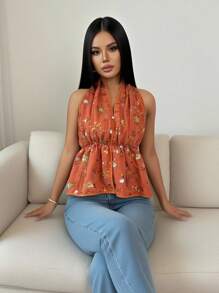 Chiquease Blusa de mujer con escote halter, espalda abierta, tirantes con lazo y bordado de lentejuelas - Naranja - Ver 5