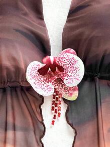 SHEIN x Eduarda Gutierrez Soleia 女士度假复古扎染花卉印花针织网眼吊带蝴蝶结露背前绑带仿花装饰背心和迷你褶皱裙套装，适合派对、约会、下午茶、海滩、狂欢节、夏季服装 - 彩色 - 查看 4