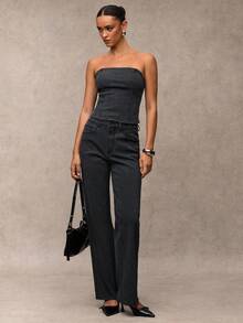 SHEIN BAE 女士时尚水钻装饰短款牛仔吊带背心，夏季 - 深灰色 - 查看 4