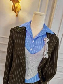 SHEIN MOD 2pcs Women Striped Long Sleeve Jacket & Midi Skirt Casual Suit Set Blazer Skirt Set Women Suit Set Skirt Suits For Women - Brown - View 4