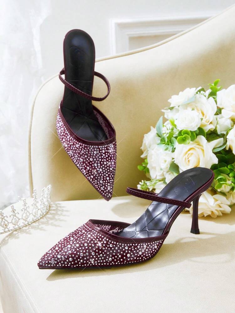 CUCCOO HITCHD Scarpin Feminino Vermelho Borgonha de Tela com Bico Fino e Salto Alto, Sapatos de Salto Médio Elegantes com Aplicação de Strass para Ocasiões Formais, Casamento, Festa, Temporada de Festas