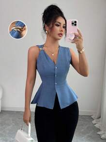 Elenzga New Minimalist Elegant Metal Buckle Design Waist Flattering V-Neck Sleeveless Blouse For Women, Summer