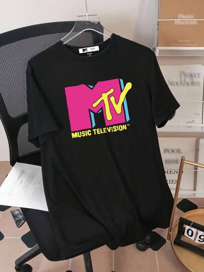MTV | SHEIN Men's Casual Street Fashion Letter Print Short Sleeve Black T-Shirt, Summer