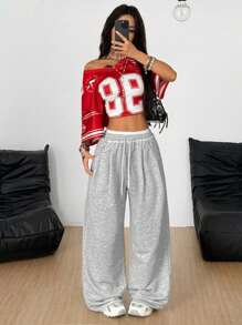 Coolane 女士夏季街头服饰外出休闲运动基本款法式灰色松紧腰带直筒宽松裤 - 灰色 - 查看 6