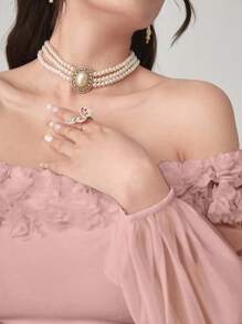 Modelyn 女士露肩优雅纯色3D花卉装饰连衣裙 - 粉色 - 查看 5