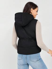 Miaspire Drawstring Waist Zipper Hooded Vest Black Casual Coat - Black - View 2