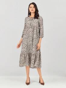 Miaspire 女式拼布碎花领口荷叶边下摆连衣裙 - 彩色 - 查看 4