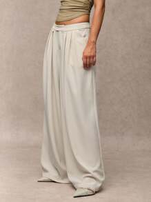 SHEIN BAE Quần ống rộng xếp ly cạp cao màu trơn cho nữ thường ngày - Màu be - Xem 6