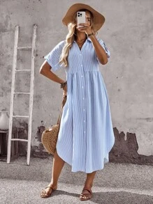 EMERY ROSE 女式条纹短袖纽扣休闲衬衫裙，夏季 - 彩色 - 查看 4