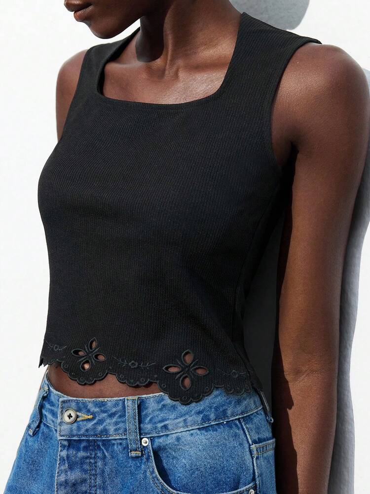 SHEIN Maija 2025 Summer New Music Festival Party Graduation Beach Vacation Brunch Vintage Boho Chic Retro Square Neck Embroidered Hem Black Tank Top For Women