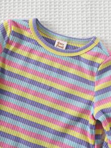 Cozy Pixies Baby Girls 2pcs Set Bow Decor Colorful Striped Round Neck Short Sleeve Crop Top And Flare Pants Baby Girl Striped Outfit Rainbow Baby Outfit Toddler Striped Two Piece Set Baby Bell Bottom Outfit Knit Toddler Set