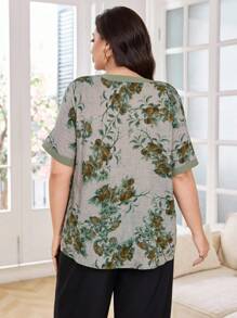 SHEIN Lacomfia Plus Size Short Sleeve Patchwork Floral Print Casual Shirt - Green - View 2