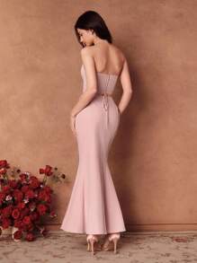 SHEIN Unity Rosa elegantes romantisches figurbetontes Kleid mit asymmetrischem Ausschnitt und Fischschwanz-Rock, geeignet für Dates, formelle Anlässe, Hochzeitsgast-Rock - Pink - Übersicht 2