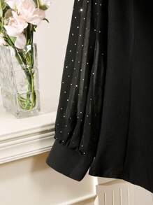 Modelyn Plus Size Sequin Chiffon Puff Sleeve Patchwork Fitted Blazer, Elegant Office Commuter Fashion Fall Cloth For Women - Black - View 3