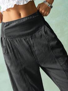 Bohemela 女式休闲简约纯色百搭梭织锥形裤 - 黑色 - 查看 4