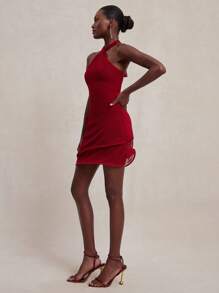 NYA SZN 连衣裙 挂脖领口荷叶边细节 特殊场合 早午餐 毕业典礼 婚礼 宾客 新娘派对 春夏 迷你弹力针织连衣裙 女士 - 紅色 - 查看 5