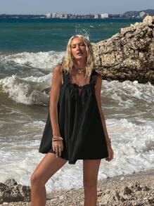 SHEIN ICON 女士夏季外出海滩夏威夷毕业典礼白色娃娃裙飘逸可爱迷你连衣裙 - 黑色 - 查看 4