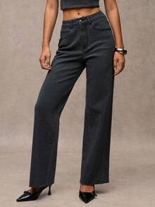 SHEIN BAE Ladies' Straight Leg Wide Casual Jeans With Pockets, Versatile - Black - View 5