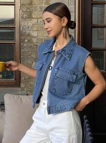 DAZY Women's Sleeveless Collar Casual Jacket Coat - Blue - View 1