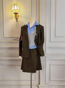 SHEIN MOD 2pcs Women Striped Long Sleeve Jacket & Midi Skirt Casual Suit Set Blazer Skirt Set Women Suit Set Skirt Suits For Women - Brown - View 6