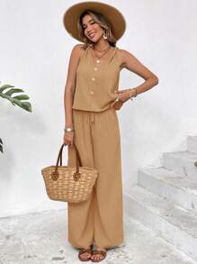 SHEIN Frenchy Set de 2 piezas para mujer de top con decoración de botones y pantalones rectos de unicolor para verano