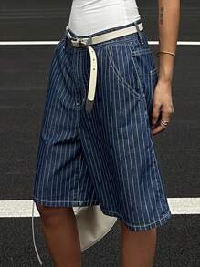 DAZY 女式宽松街头风格条纹直筒七分牛仔短裤 - 深色水洗藍 - 查看 6