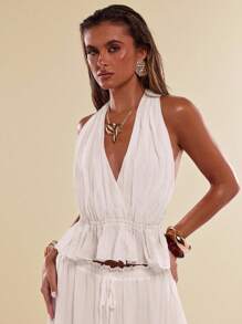 SHEIN BAE 夏季女士休闲度假白色缩水荷叶边下摆系带露背优雅上衣，外出上衣，白色上衣，度假，波西米亚风 - 白色 - 查看 6