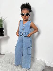 少女休闲水洗牛仔背心和牛仔裤两件套 - 中等水洗藍 - 查看 5