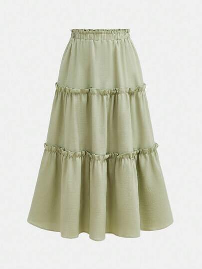 Girlism 少女绿色荷叶边裙波西米亚长裙打破纸袋腰部荷叶边装饰荷叶边下摆裙